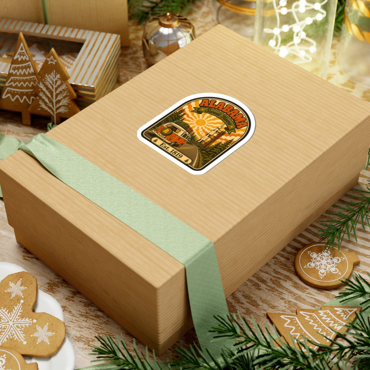 Die-cut arched Alabama travel sticker with camper van illustration and Est. 1819 text.