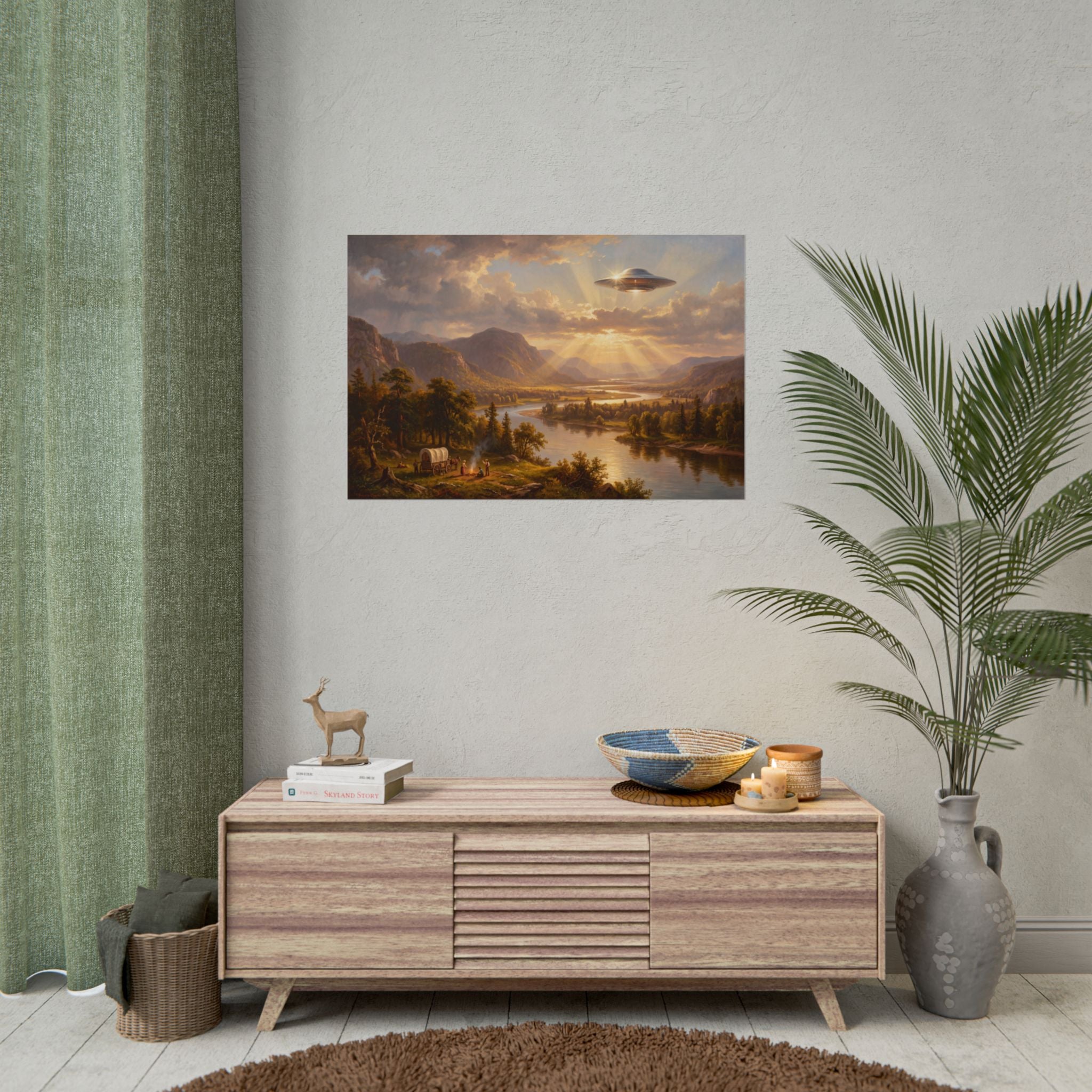 Landscape poster with scenic river valley at sunset and a bright flying saucer