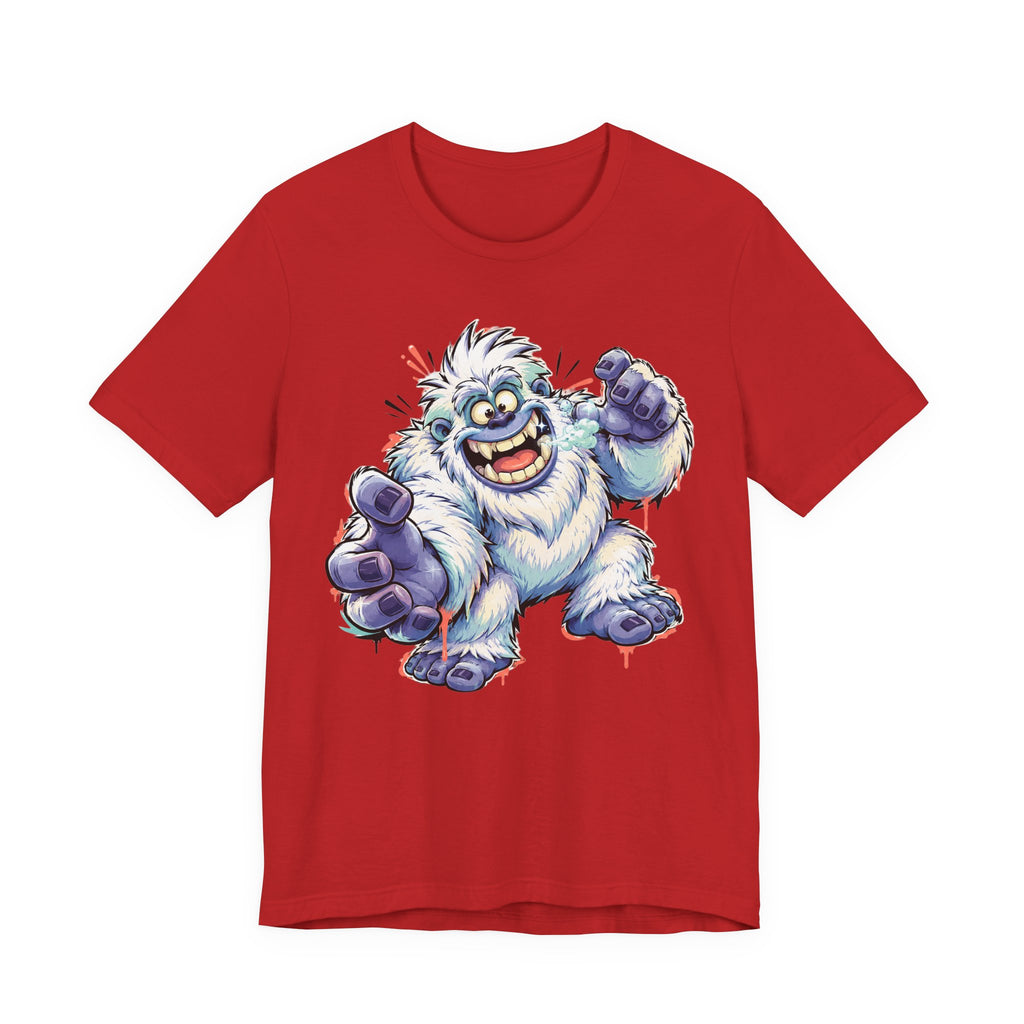 Red T-shirt with cartoon yeti monster graphic, roaring and holding blue-fisted fists