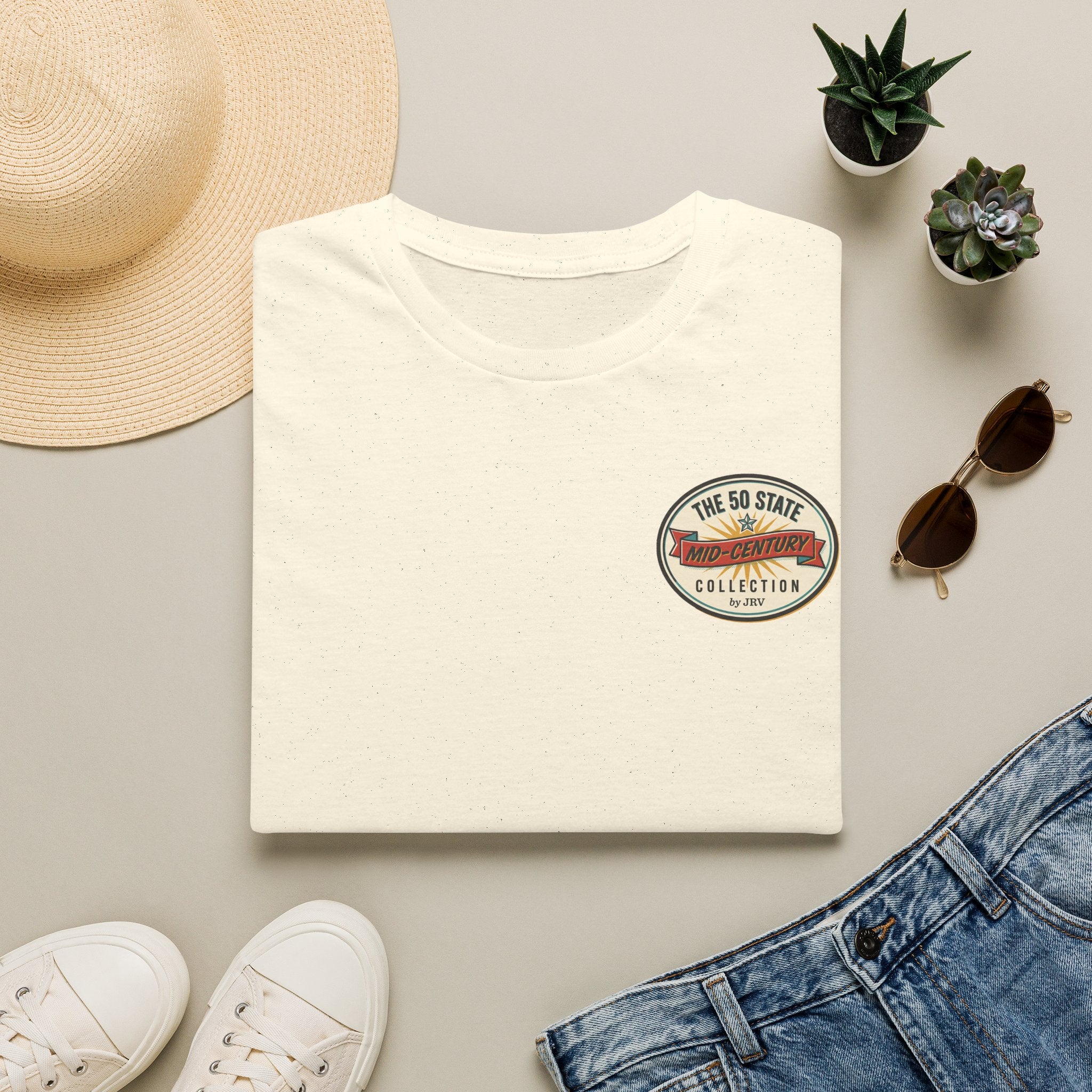 Cream crewneck T-shirt with round chest logo patch print.