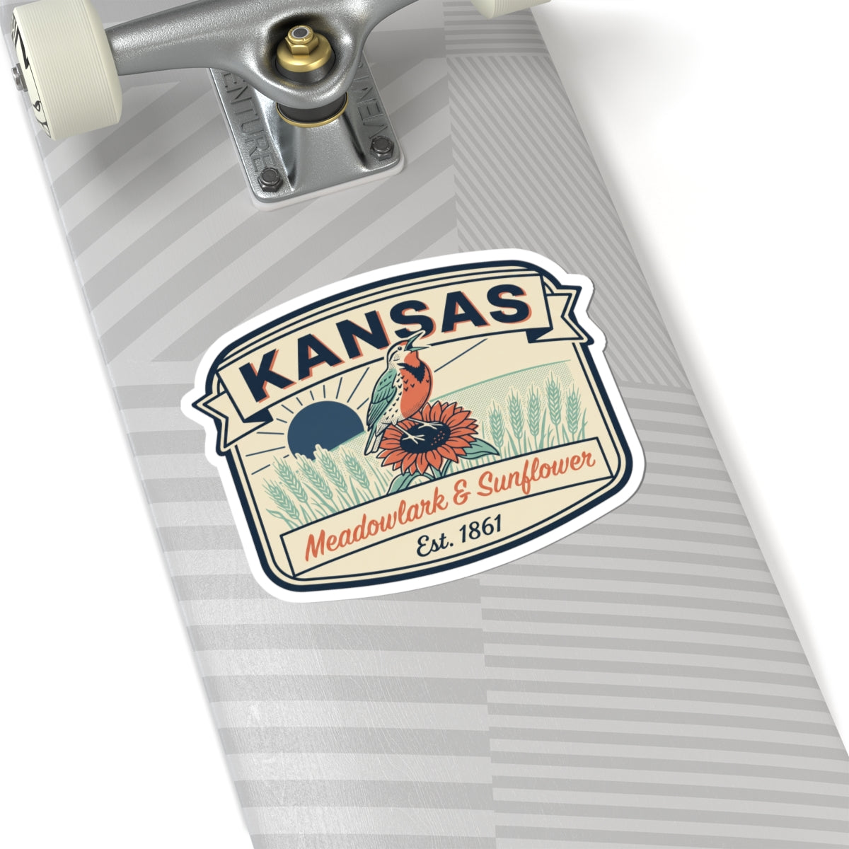 Kansas vintage state badge vinyl sticker with meadowlark and sunflower, Est. 1861