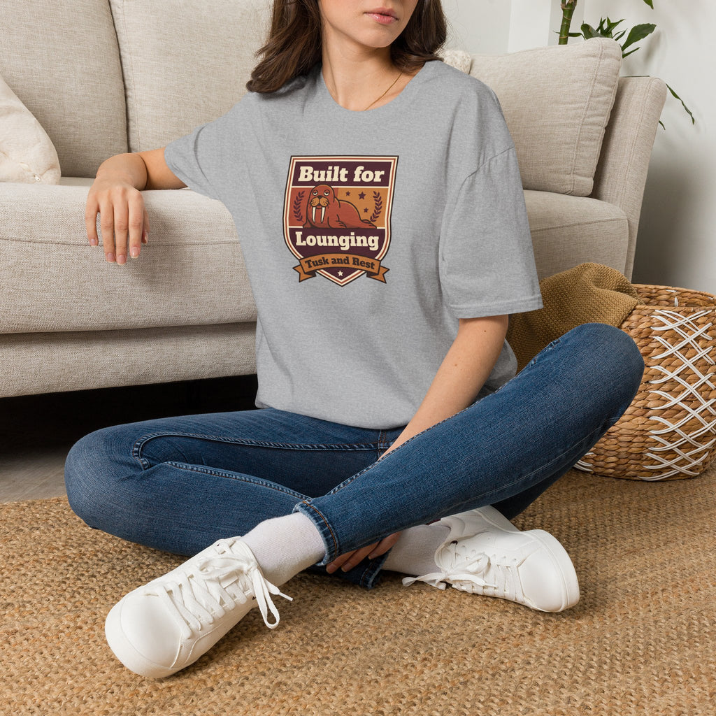 Light gray heather short-sleeve T-shirt with badge graphic on chest