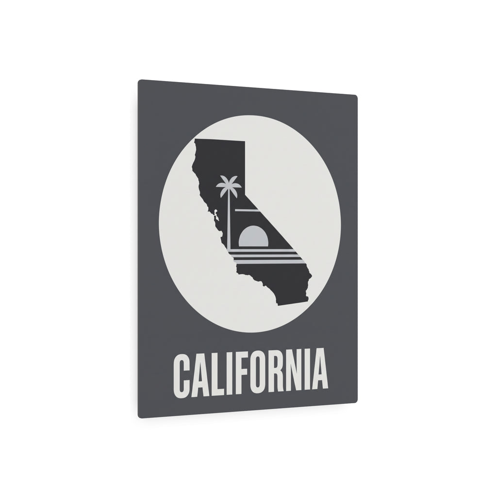California silhouette metal wall sign with sunburst circle, palm tree icon and 'CALIFORNIA'
