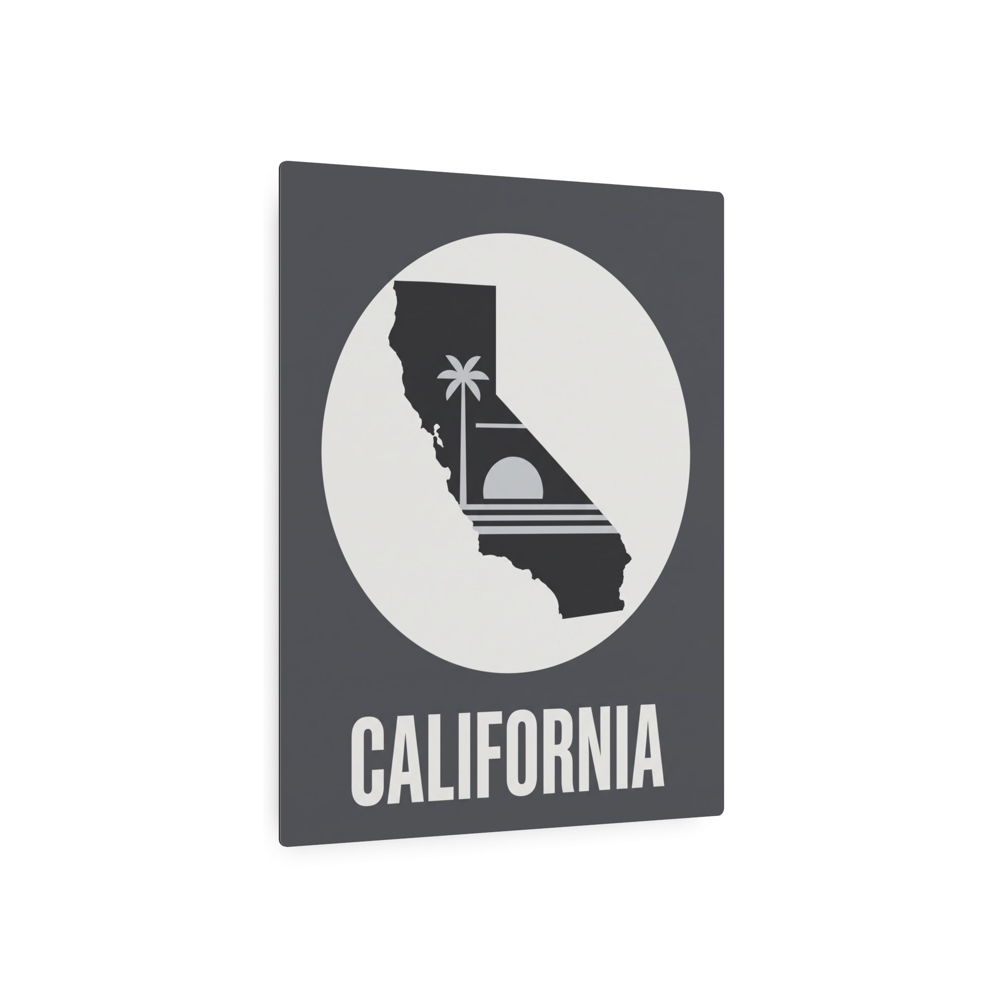 California silhouette metal wall sign with sunburst circle, palm tree icon and 'CALIFORNIA'