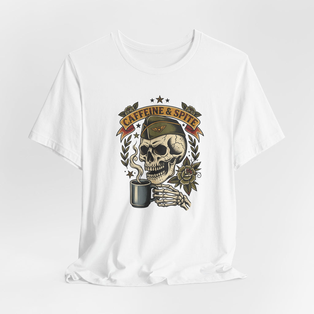 White crewneck T-shirt with skull holding coffee mug, Caffeine & Spite design