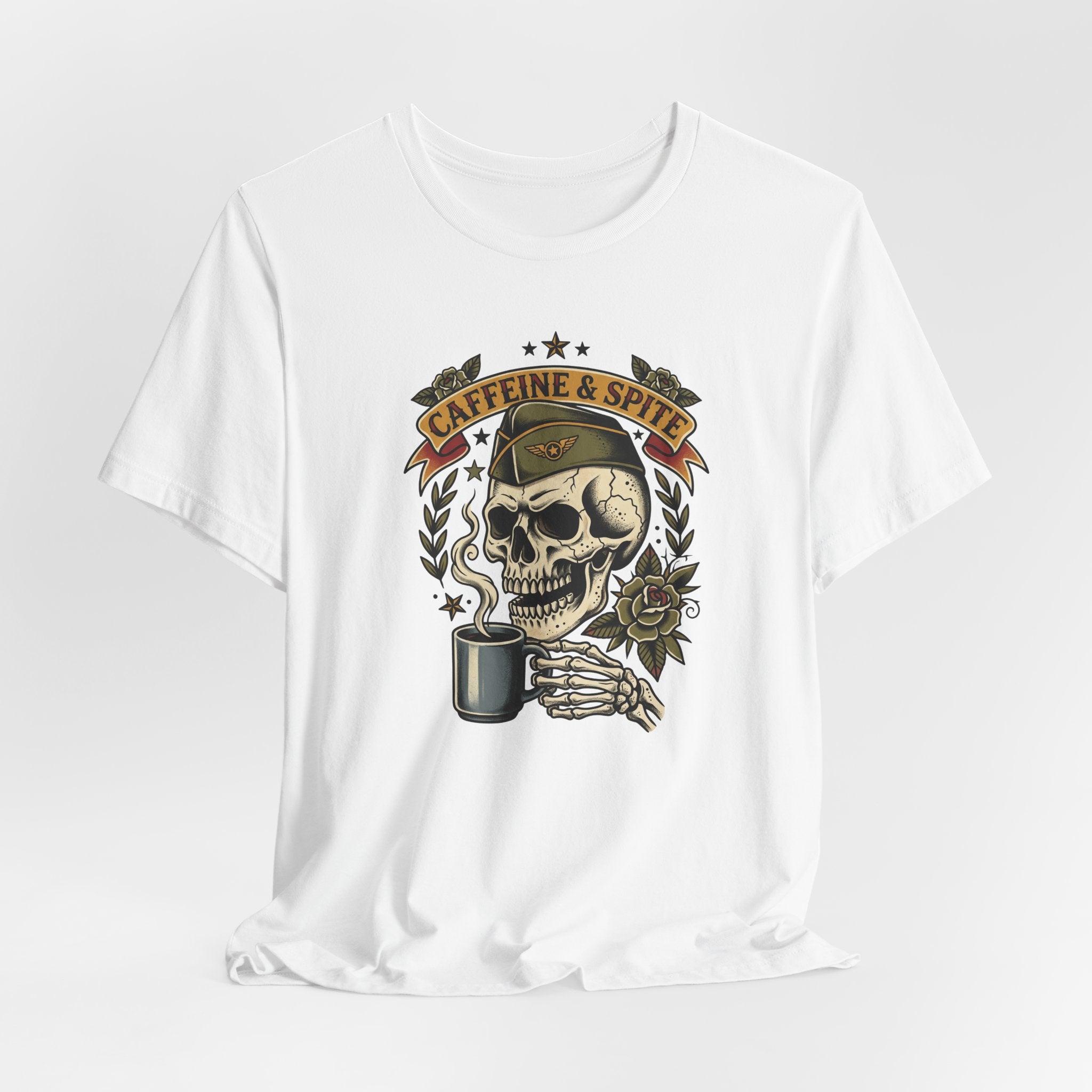 White crewneck T-shirt with skull holding coffee mug, Caffeine & Spite design