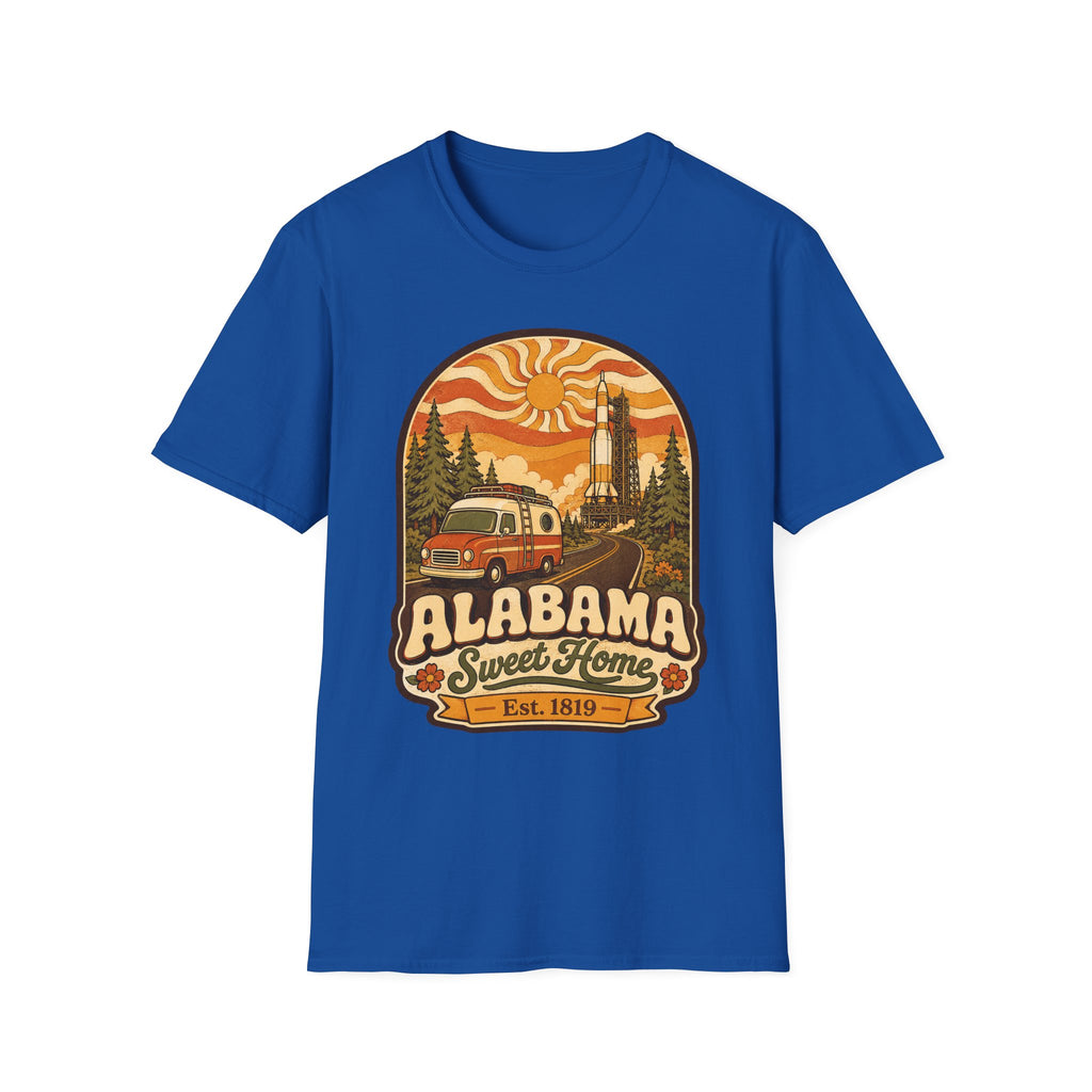 Unisex royal blue T-shirt with Alabama Sweet Home vintage camper graphic
