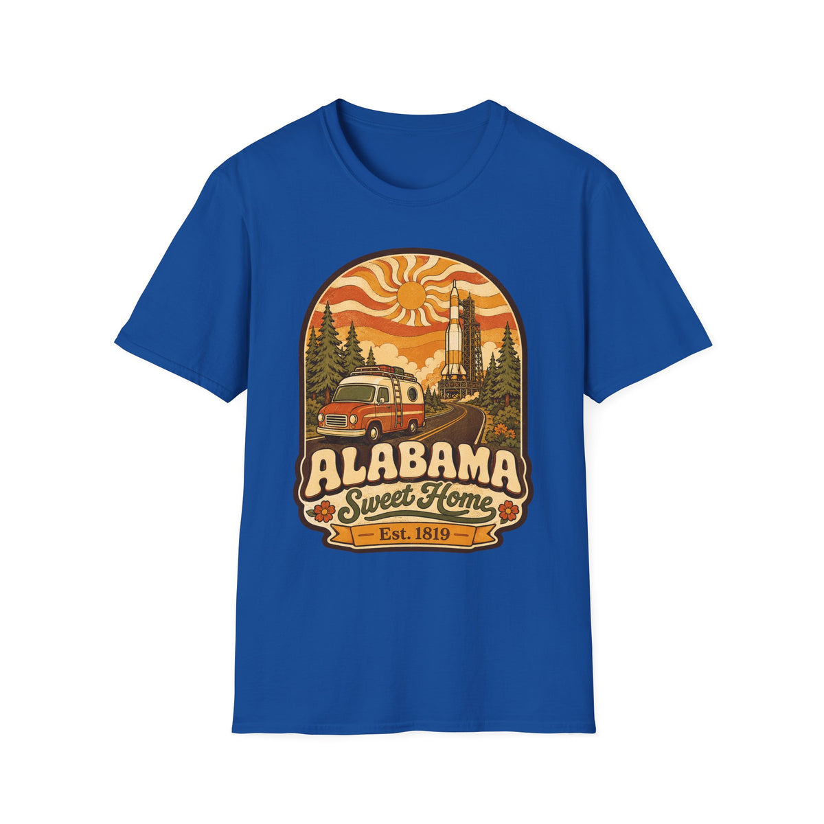 Unisex royal blue T-shirt with Alabama Sweet Home vintage camper graphic