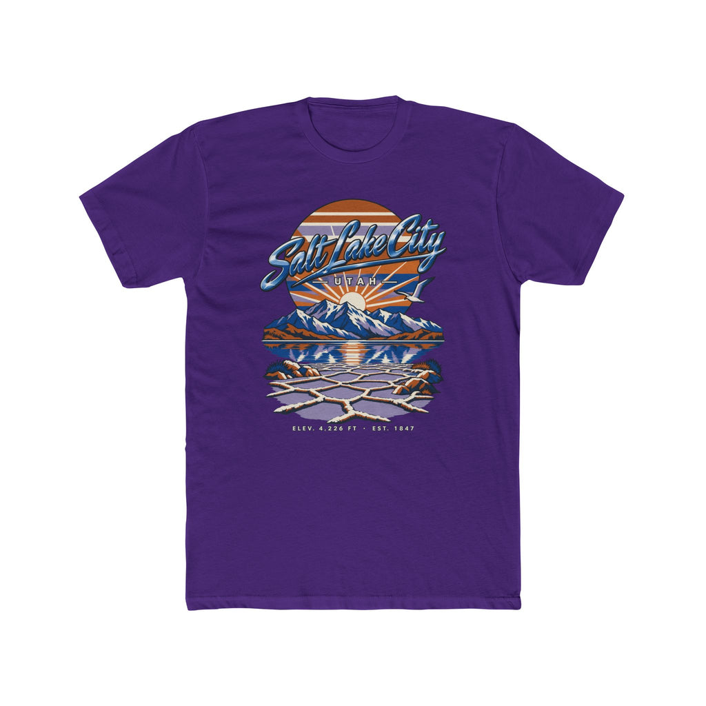 Purple T-shirt with front Salt Lake City mountain and Great Salt Lake graphic