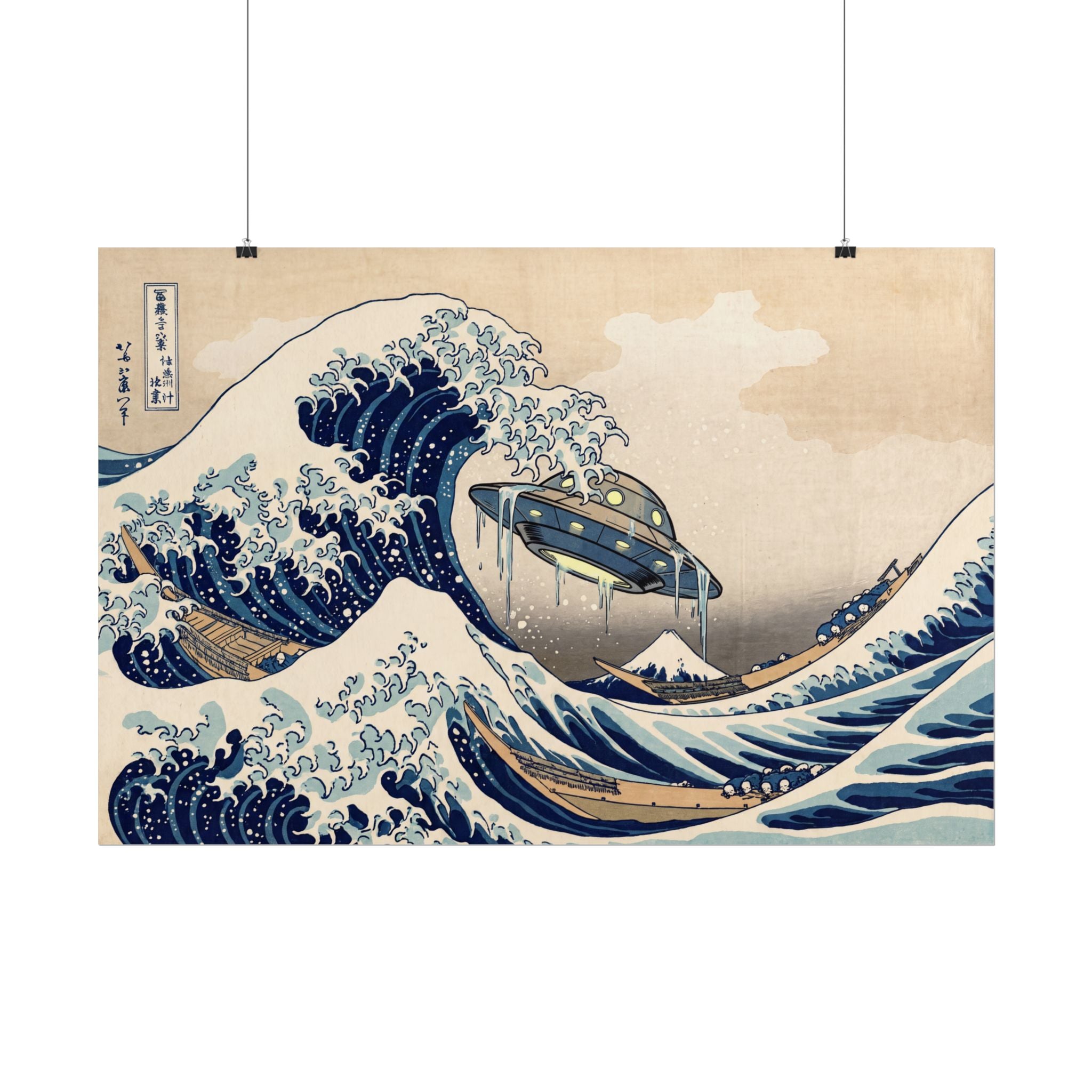 Vintage wave print poster showing blue ocean waves and UFO craft on light paper
