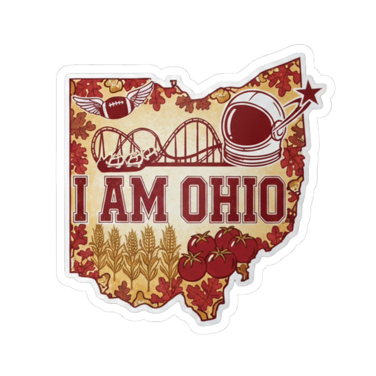 I AM OHIO Sticker mit Ohio-Kontur, Football, Stern und roten Tomaten