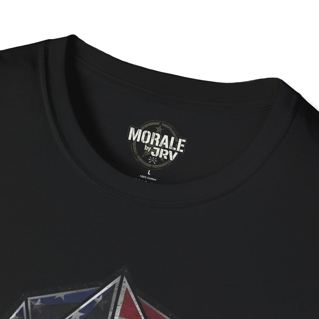 Black T-shirt neckline with brand print and 100% cotton label on inside collar