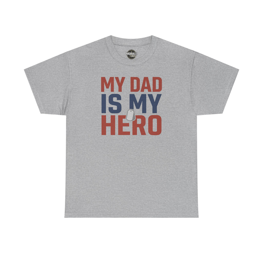 Men's sport grey graphic T-shirt with 'MY DAD IS MY HERO' text and dog tag icon