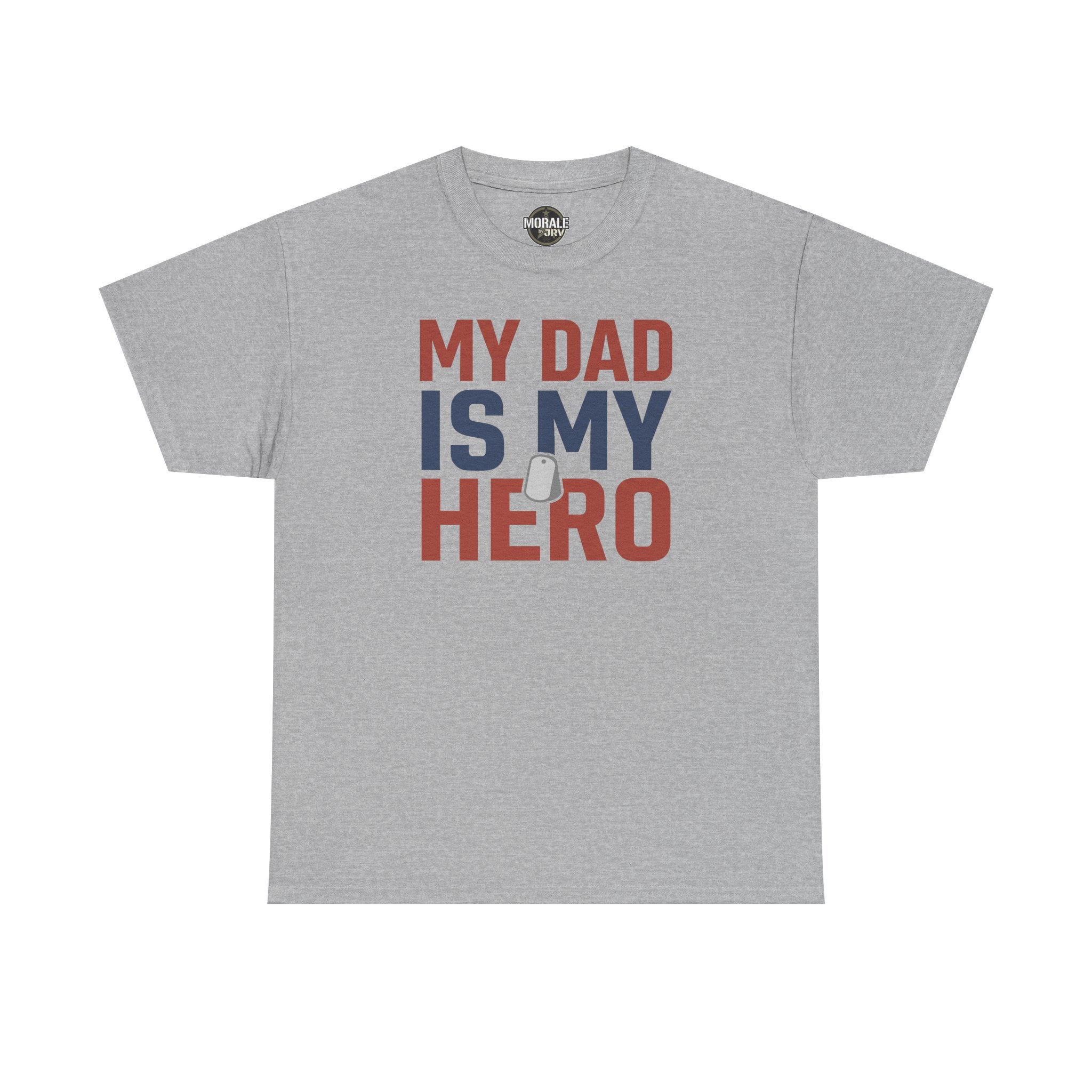 Men's sport grey graphic T-shirt with 'MY DAD IS MY HERO' text and dog tag icon