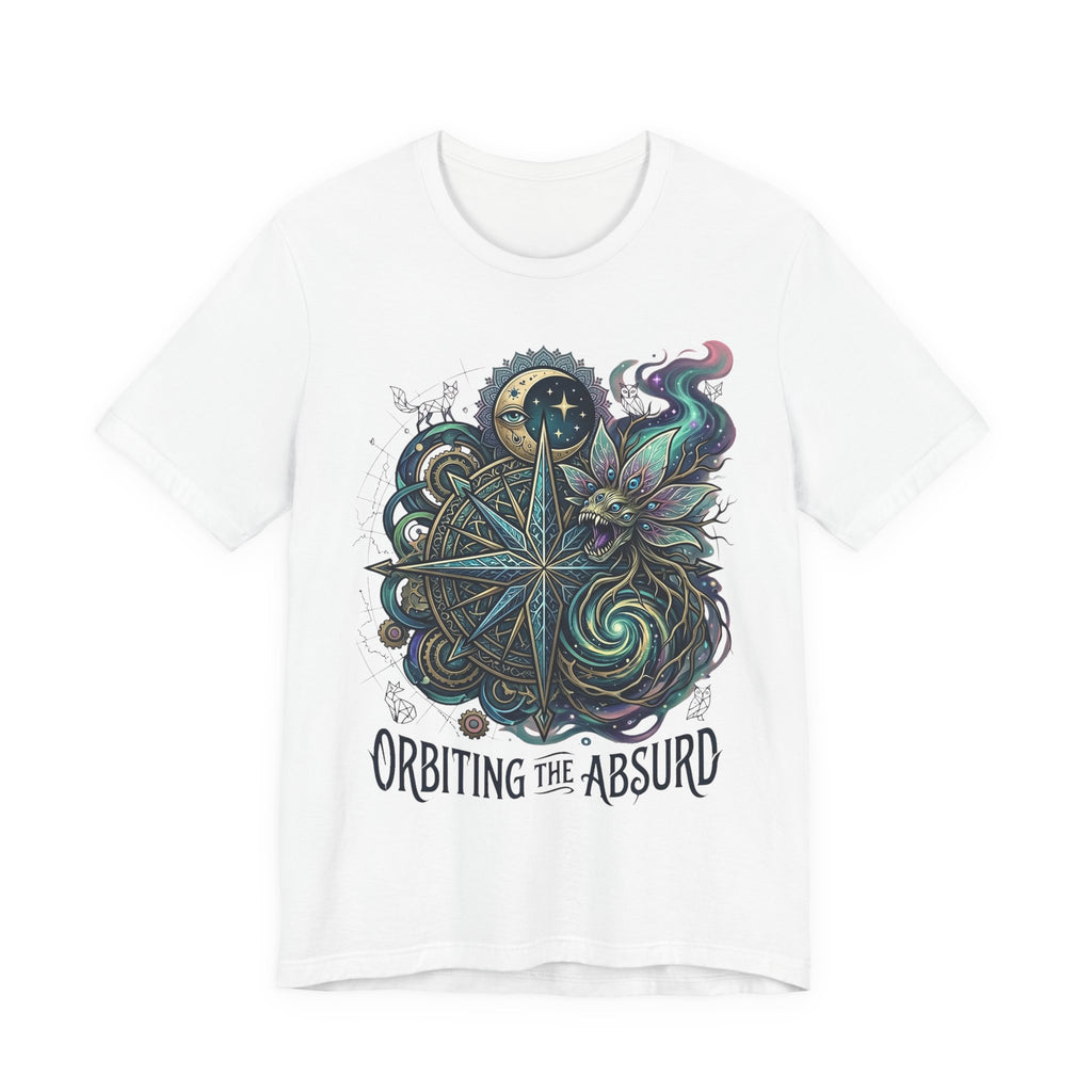 White unisex T-shirt with celestial compass and owl graphic, “Orbiting the Absurd” text