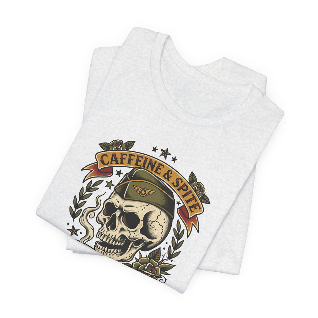Heather grey crew-neck T-shirt with colorful skull coffee graphic.