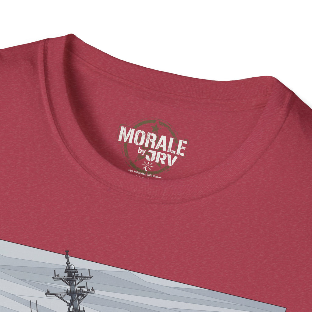 Burgundy T-shirt with crew neck and “Morale by TRV” chest logo
