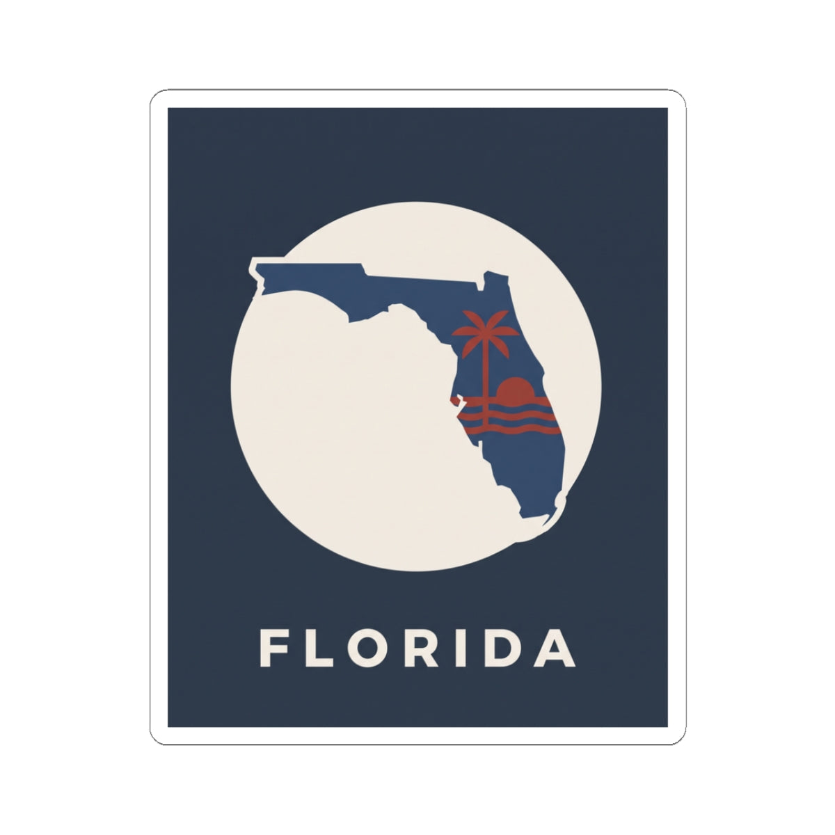 Blue Florida silhouette sticker with white circle, red palm tree emblem, 'FLORIDA' text