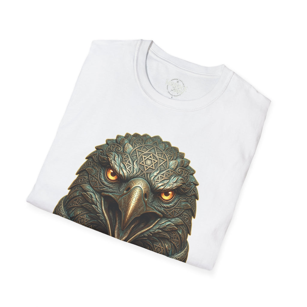 White T-shirt with close-up realistic eagle head print and golden eyes