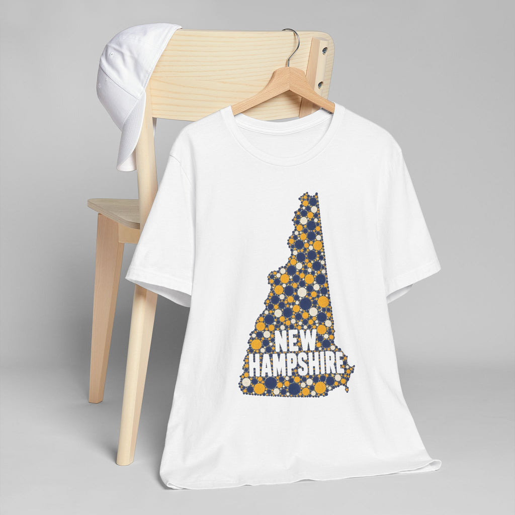 White crew-neck T-shirt with floral New Hampshire map graphic and “NEW HAMPSHIRE” text