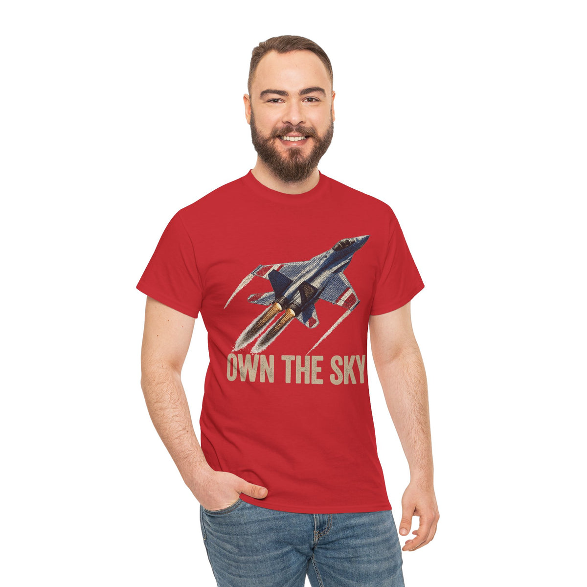 Red crew-neck T-shirt with fighter jet and 'OWN THE SKY' front print