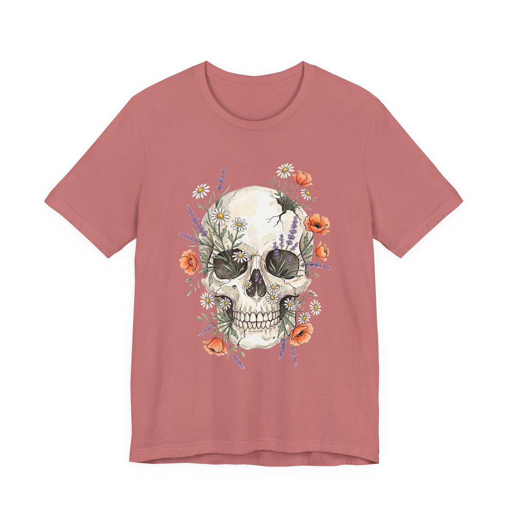 Maroon floral skull T-shirt with poppies and wildflowers botanical graphic on front