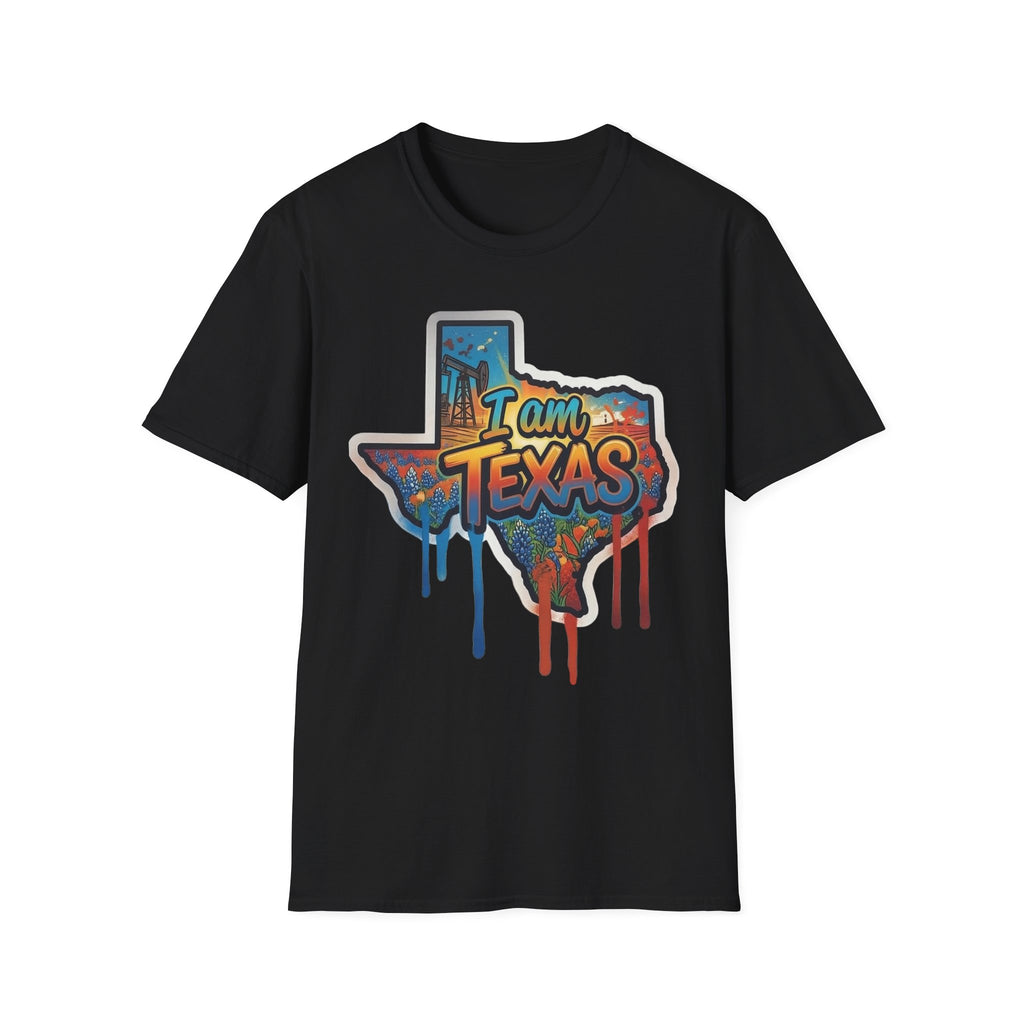 I Am Texas T-shirt (black) with graffiti state outline and skyline “I am Texas” print