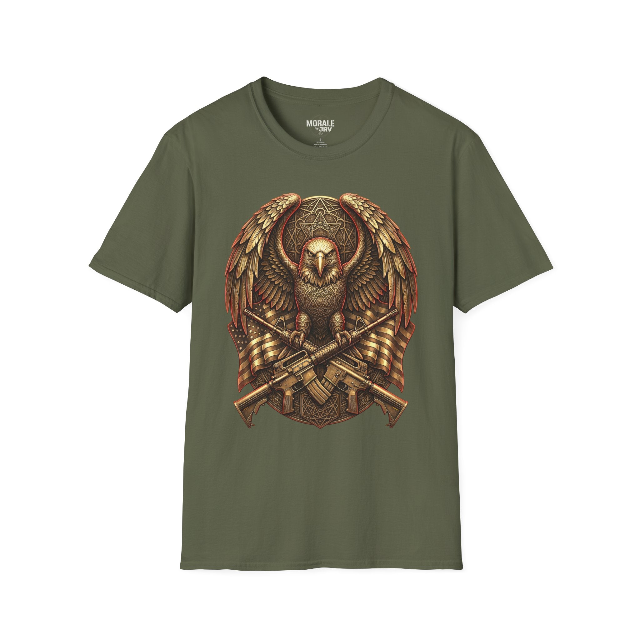 Military green T-shirt with warrior owl shield emblem and crossed axes design