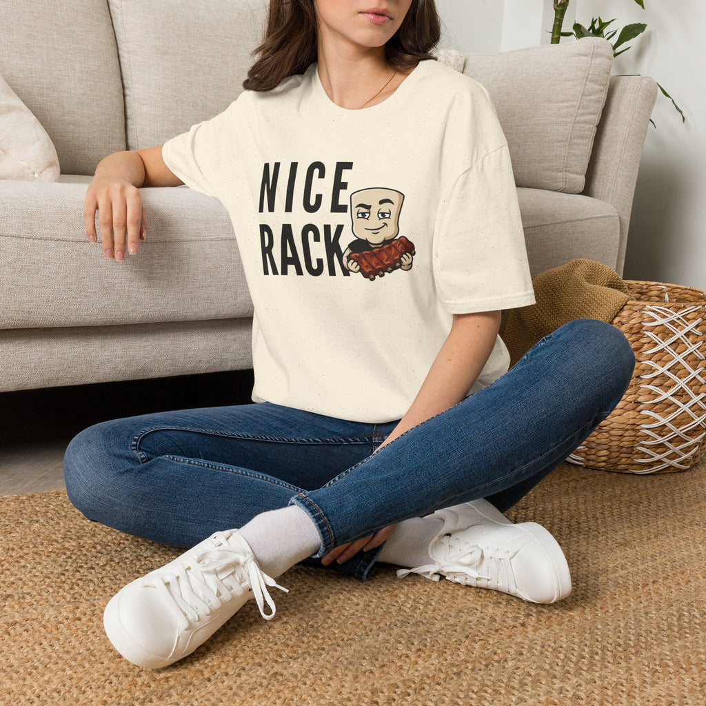 Nice Rack graphic T-shirt, off-white, crew neck, short sleeves, ribs cartoon print