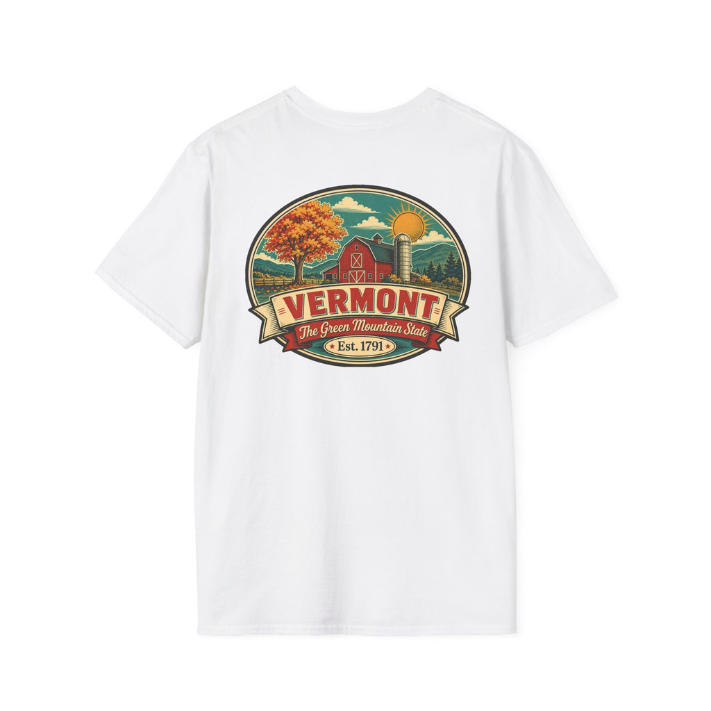 White T-shirt with Vermont badge graphic print, short sleeves, crew neck