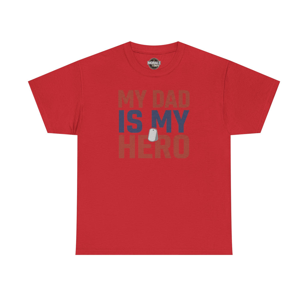 Men's red graphic T-shirt with 'MY DAD IS MY HERO' text and dog tag icon