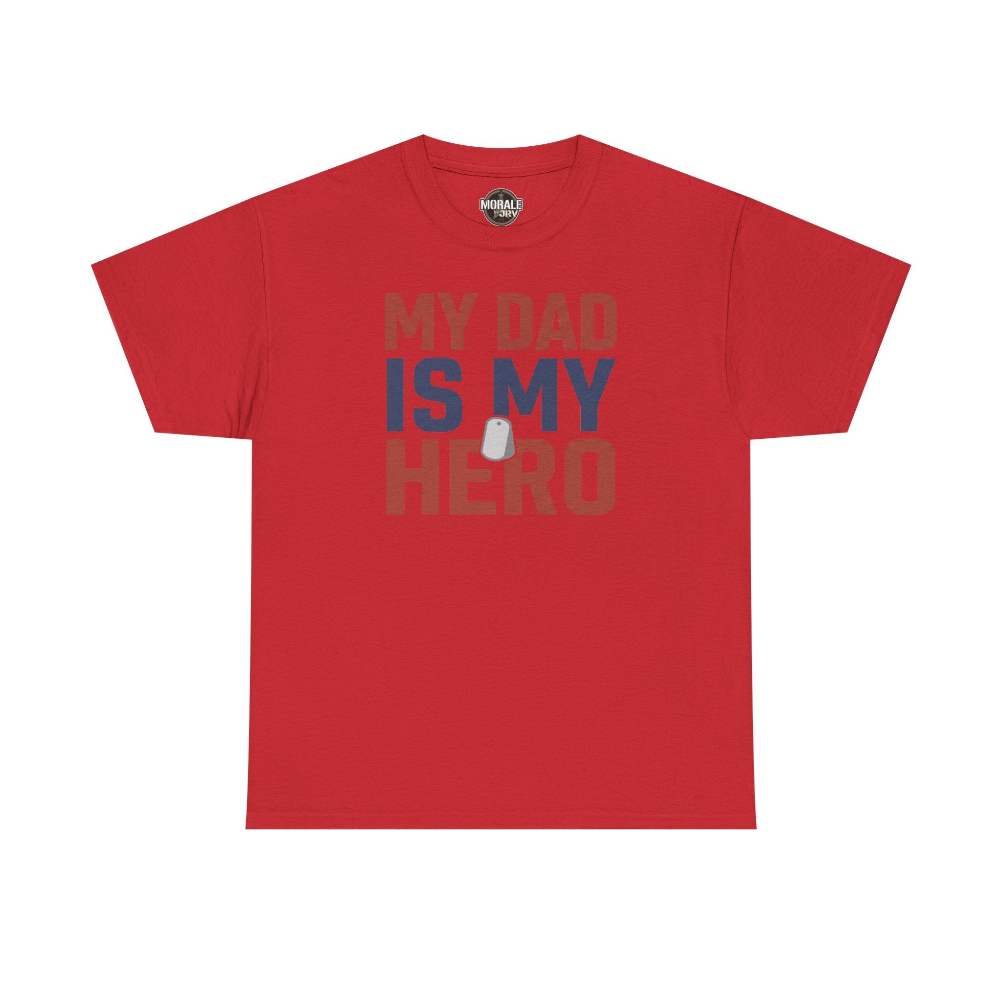 Men's red graphic T-shirt with 'MY DAD IS MY HERO' text and dog tag icon