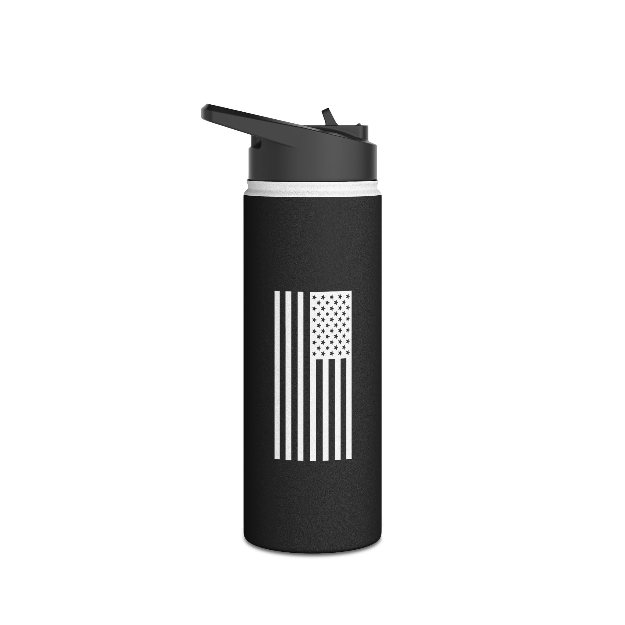 Black stainless steel tumbler with flip lid and flag-style stripe and star graphic