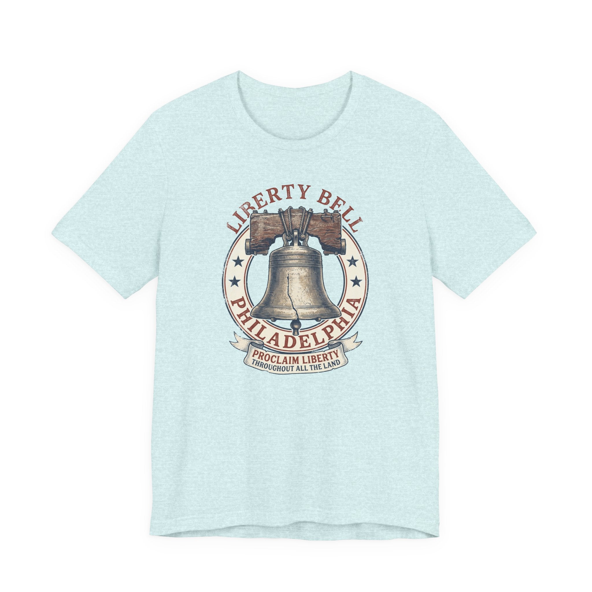 Light blue T-shirt with Liberty Bell graphic emblem at center chest