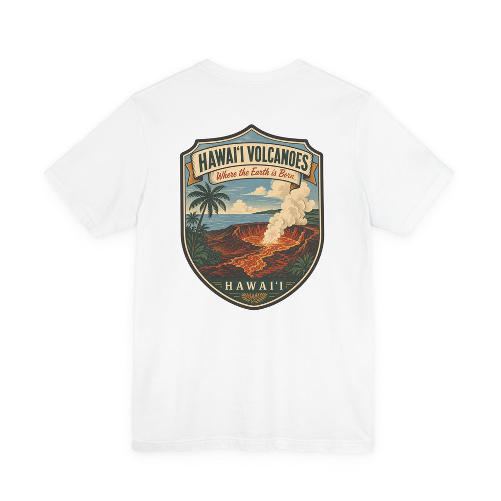 White T-shirt with volcano shield graphic and lava landscape print