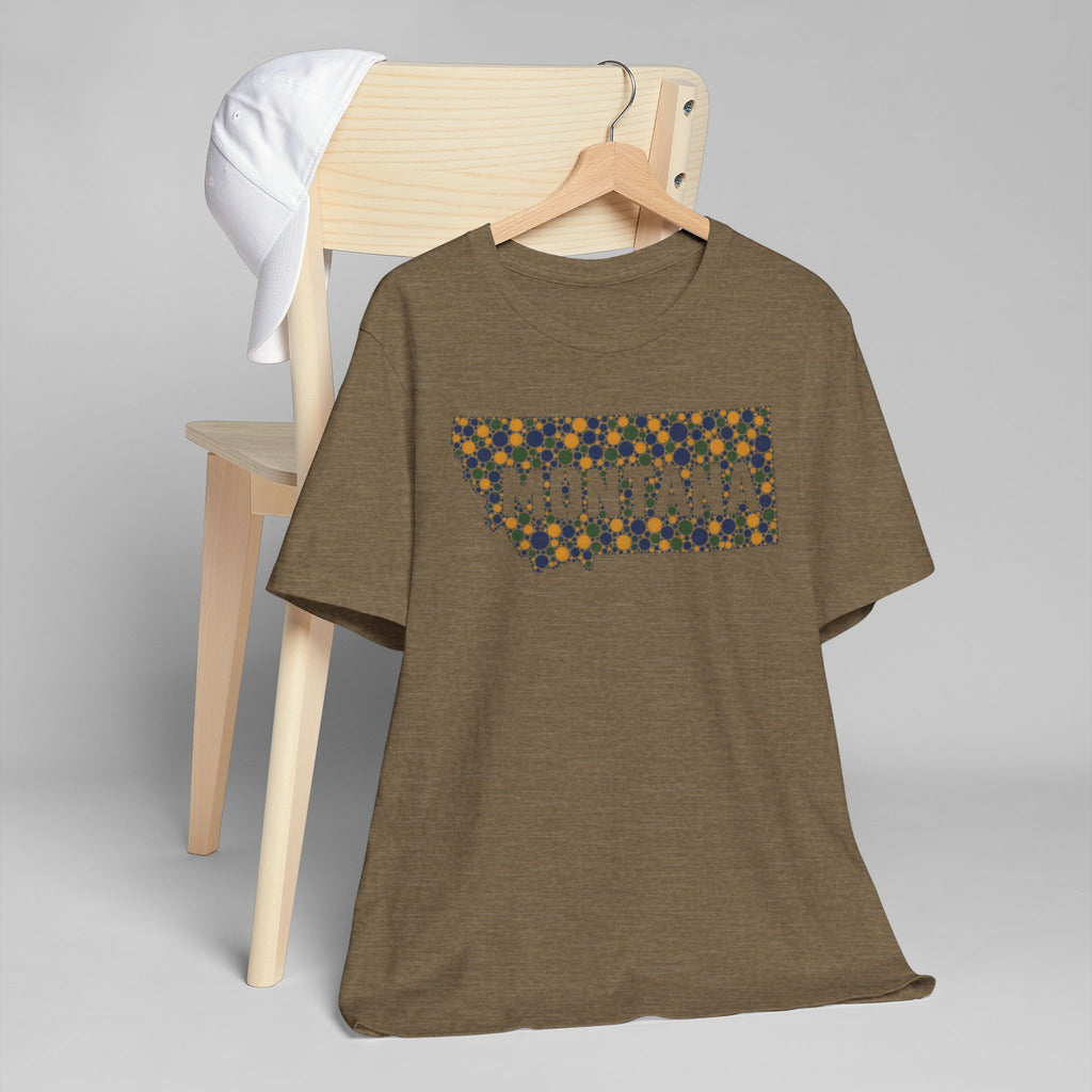 Olive-brown crewneck t-shirt with colorful patterned Montana map graphic on front