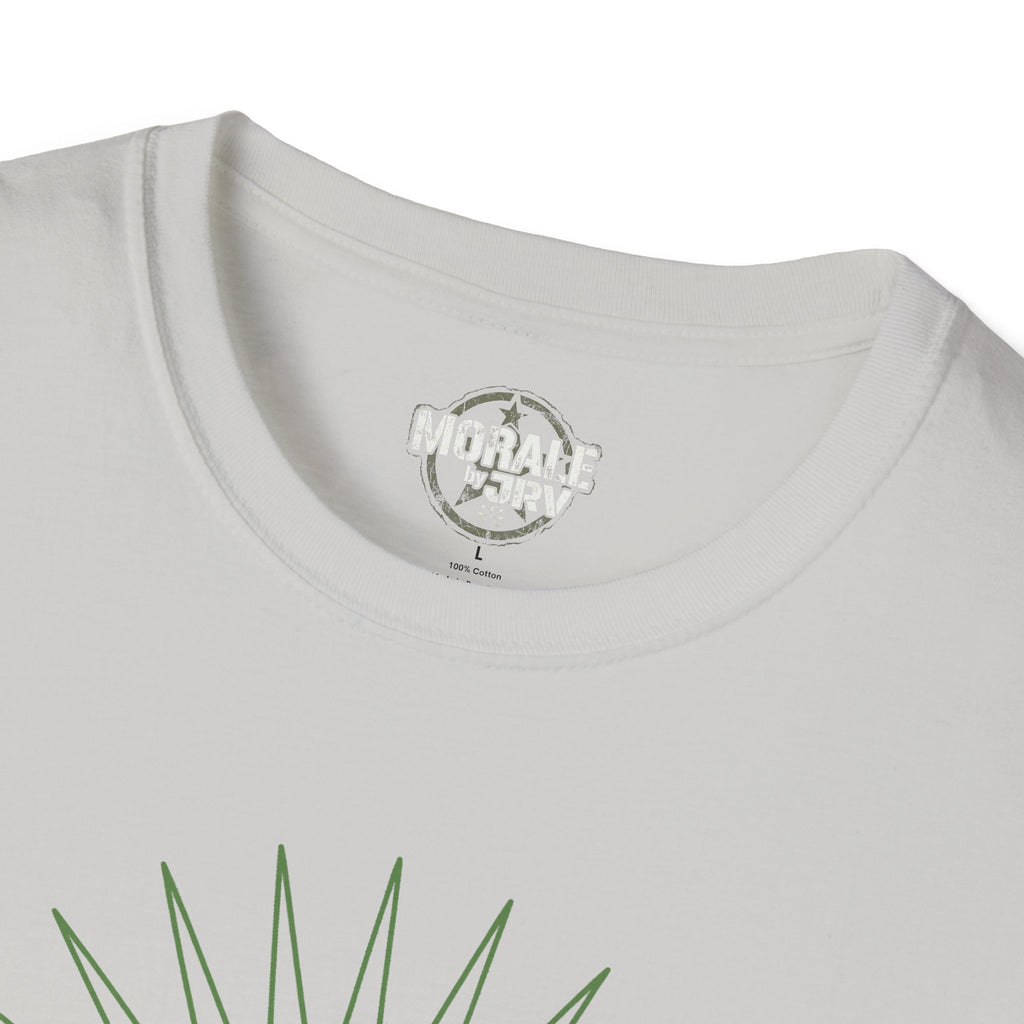 White T-shirt neckline with printed logo and fabric content label
