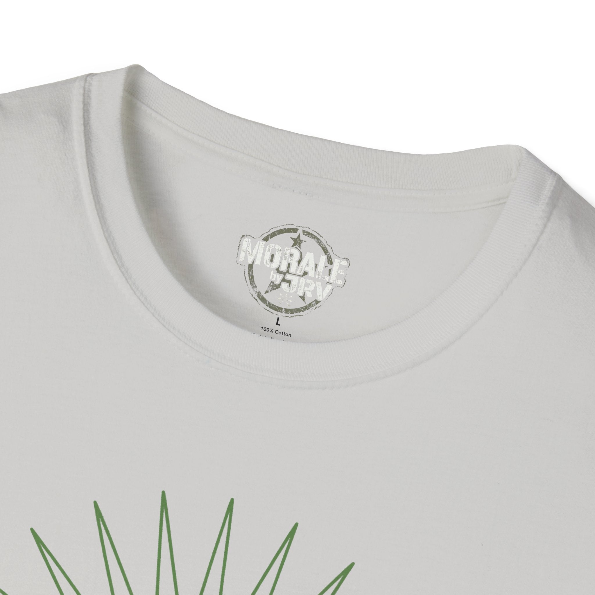 White T-shirt neckline with printed logo and fabric content label