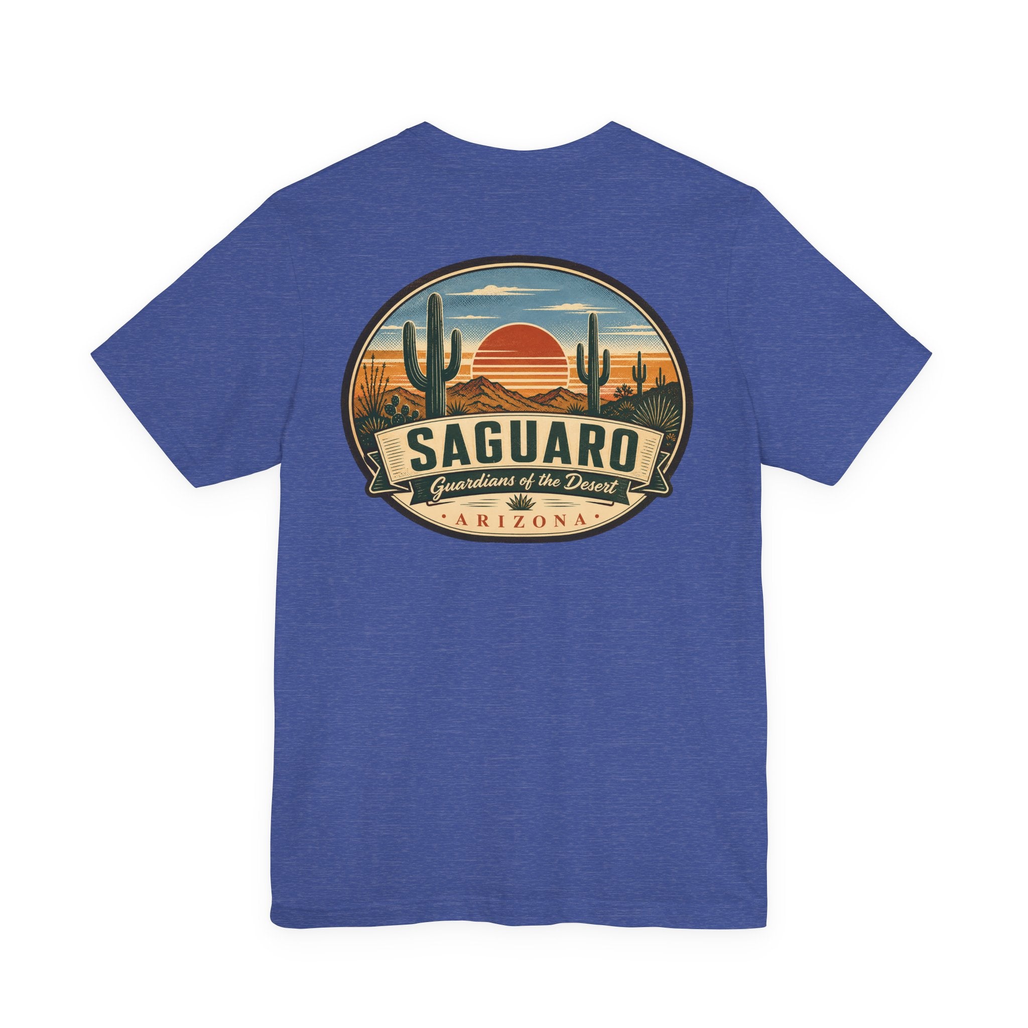 Royal blue t-shirt with “SAGUARO” desert graphic patch centered on front.