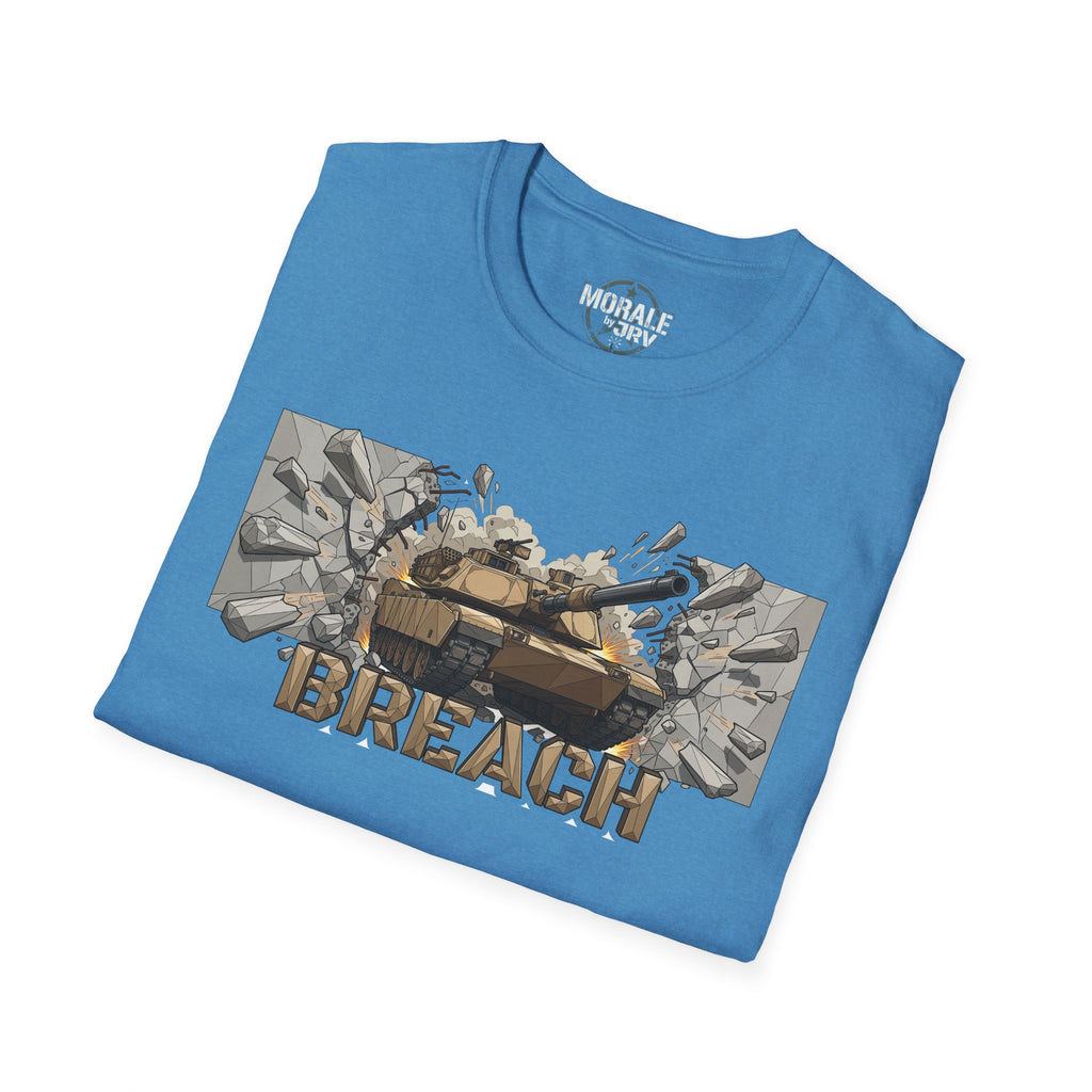 Blue BREACH tank break graphic T-shirt, front design