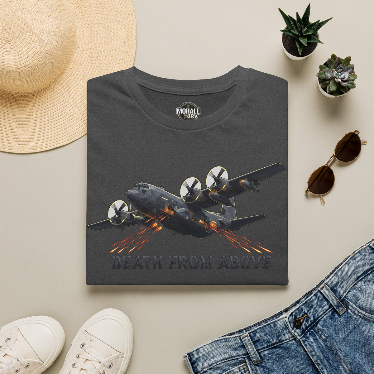 Dark heather bomber plane graphic T-shirt with 'DEATH FROM ABOVE' print