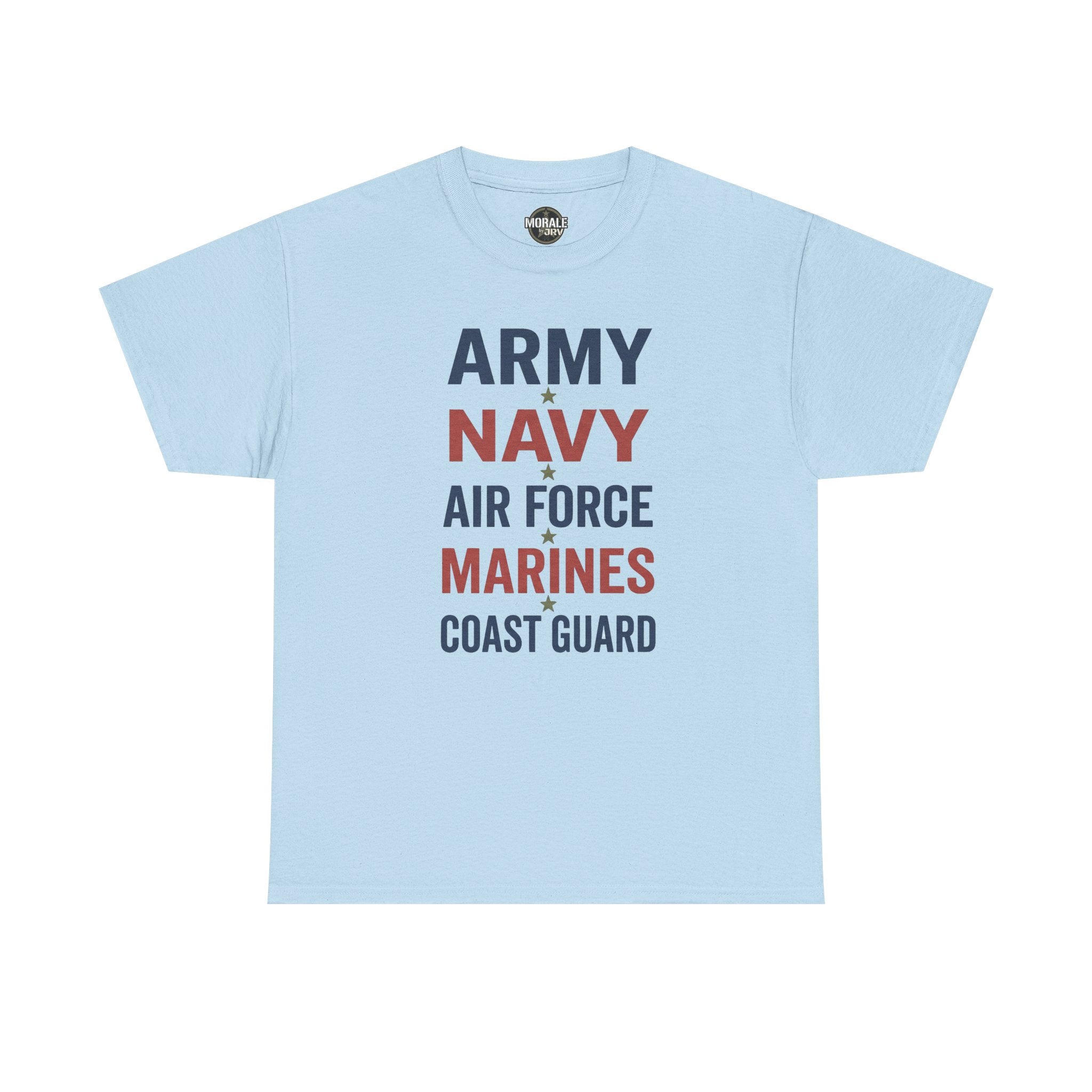 Light blue T-shirt with multicolor “ARMY NAVY AIR FORCE MARINES COAST GUARD” front graphic