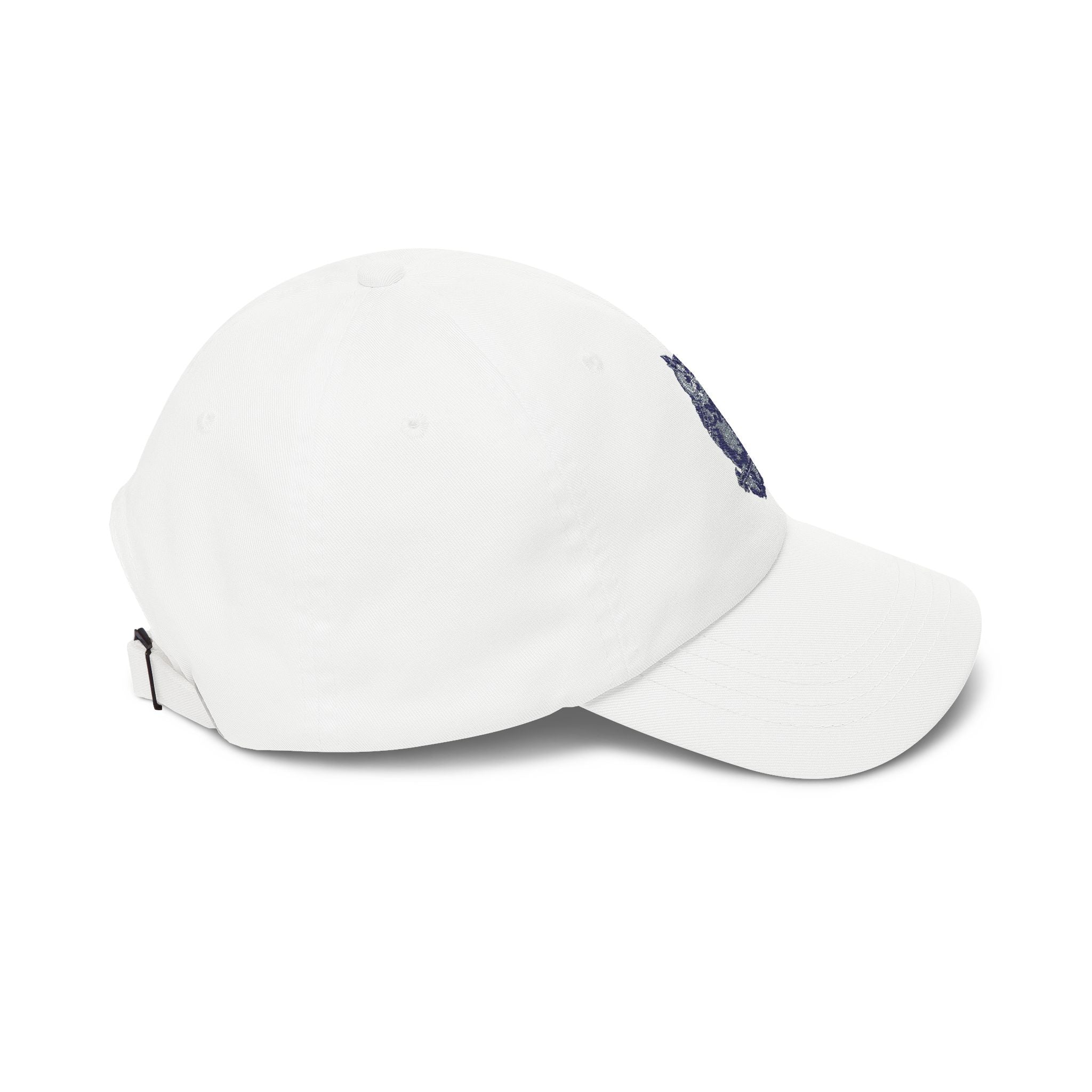 White dad cap with embroidered owl patch, curved brim, rear strap