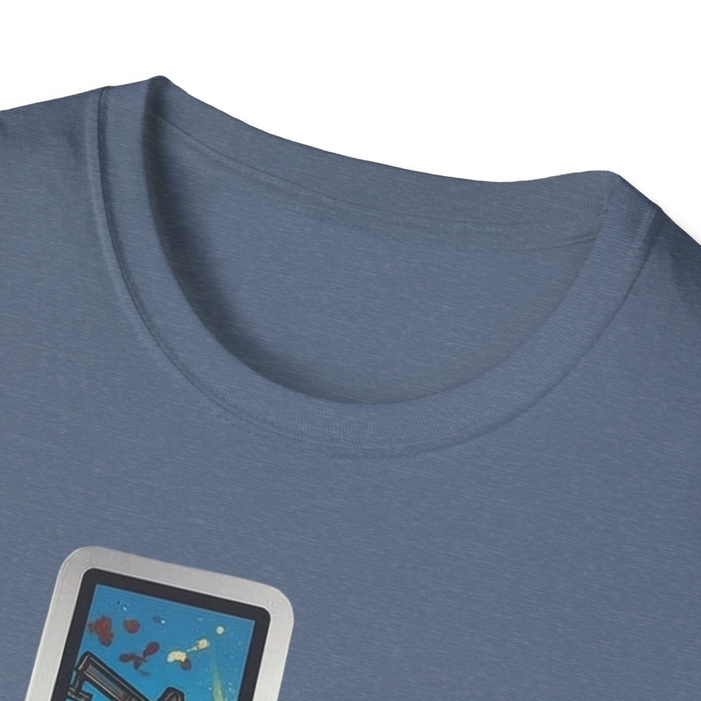 Texas T-Shirt neckline close-up, blue-gray with graphic corner