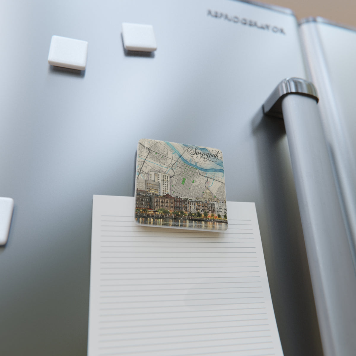 Square porcelain magnet with Savannah skyline map on lined paper, desk setup