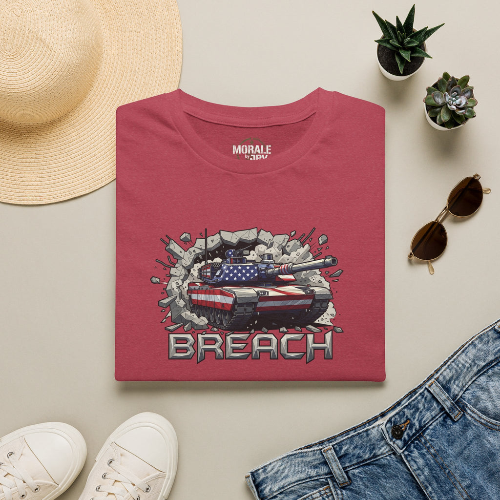 Red crew-neck T-shirt with tank and guns graphic and 'BREACH' text