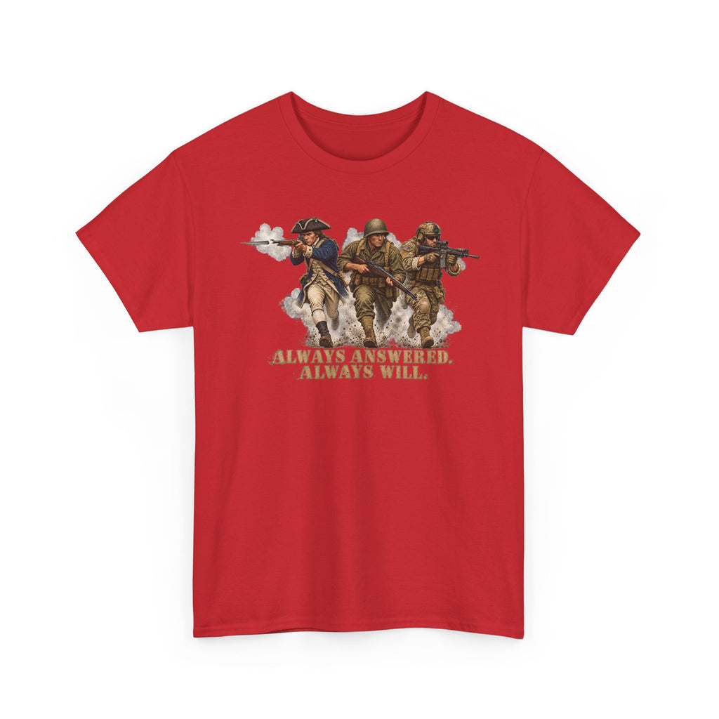 Red crewneck T-shirt with soldier graphic and "Always answered, always will" text