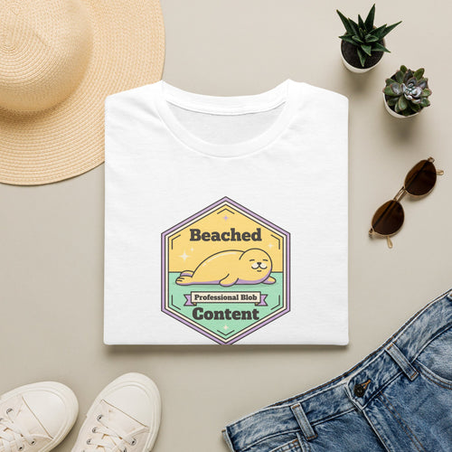 White seal badge graphic T-shirt with 'Beached Content' text