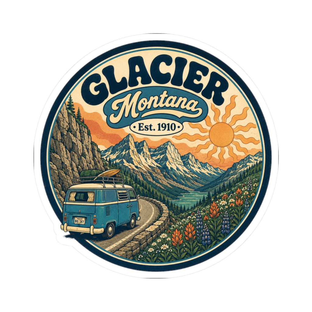 Round kiss-cut sticker with Glacier Montana badge, teal camper van, forested valley, and orange sun