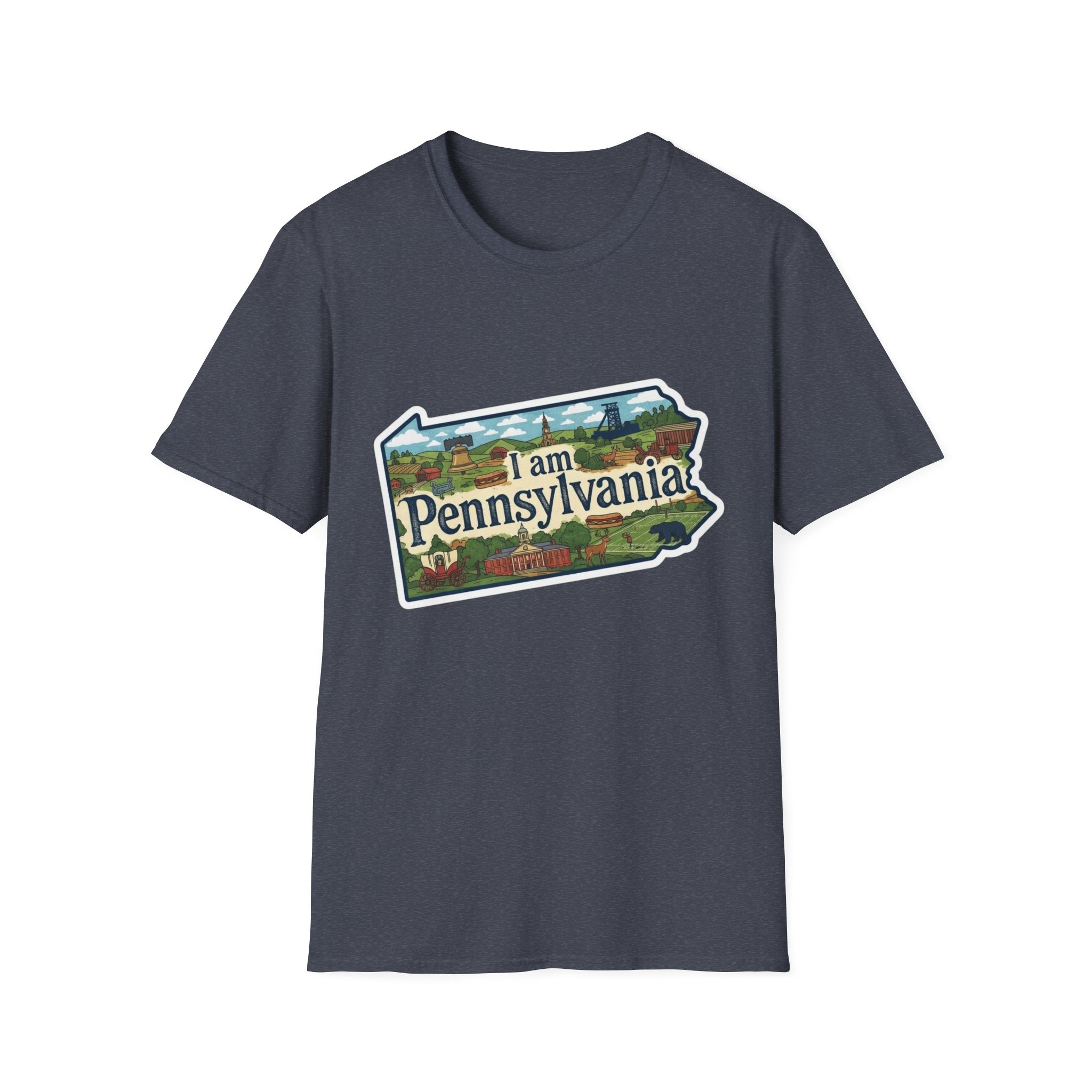 I am Pennsylvania T-shirt (Heather Indigo) with Pennsylvania scenic landmarks front print